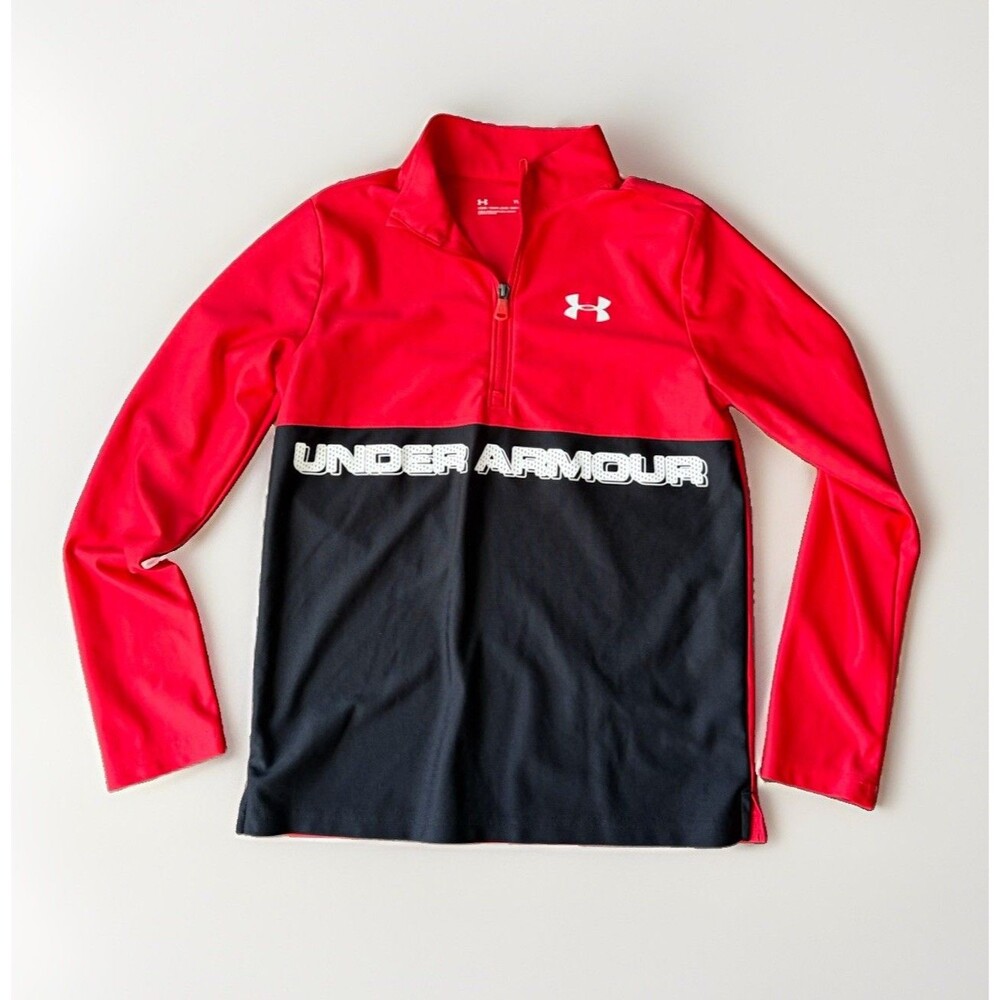 Under Armour Youth Large Red Black Big Logo Shirt Graphic 1/4 Zip Pullover